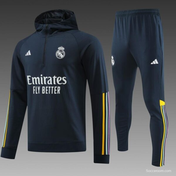 23/24 Real Madrid Navy Hoodie Half Zipper Jacket+ Pants - Image 8