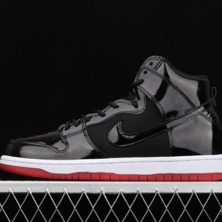NIKE SB DUNK High Premium lacquered leather black and red high top casual skateboard shoes AJ7730-001