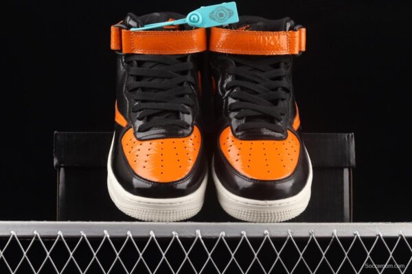 NIKE Air Force 1o07 Mid lacquered leather black orange color counterhook Zhongbang casual board shoes 804609-188 - Image 8