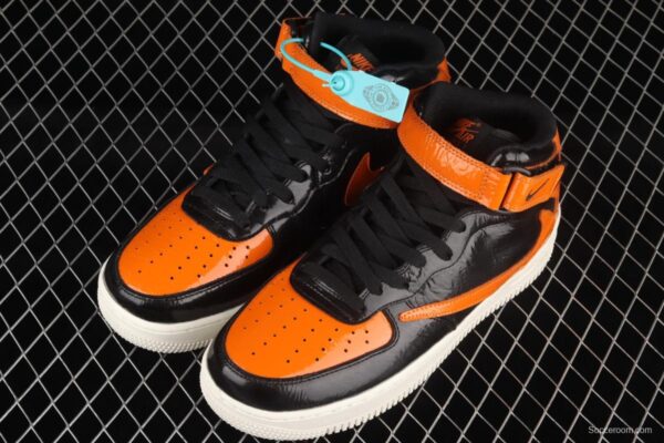 NIKE Air Force 1o07 Mid lacquered leather black orange color counterhook Zhongbang casual board shoes 804609-188 - Image 10