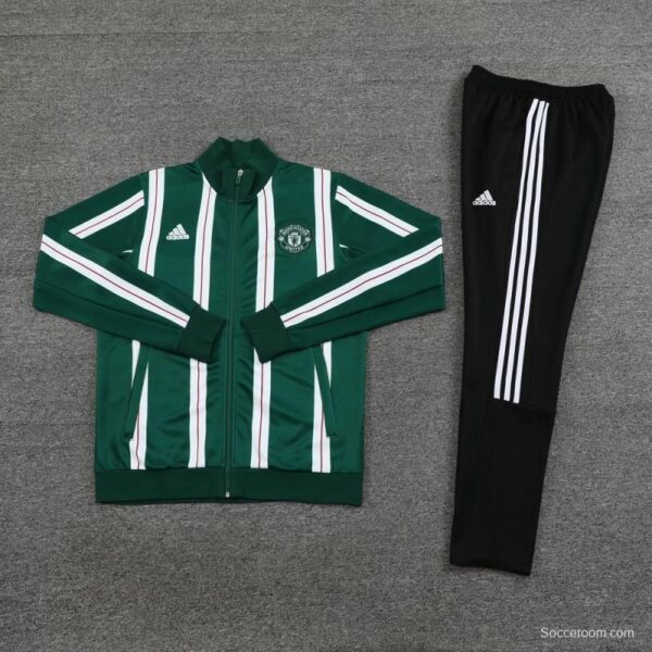 23/24 Manchester United Green White Stripe Full Zipper Jacket+Pants - Image 2
