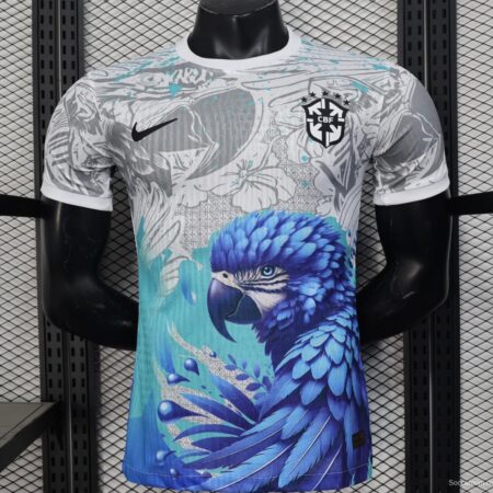 Player Version 2025 Brazil White with Blue Macaw Jersey
